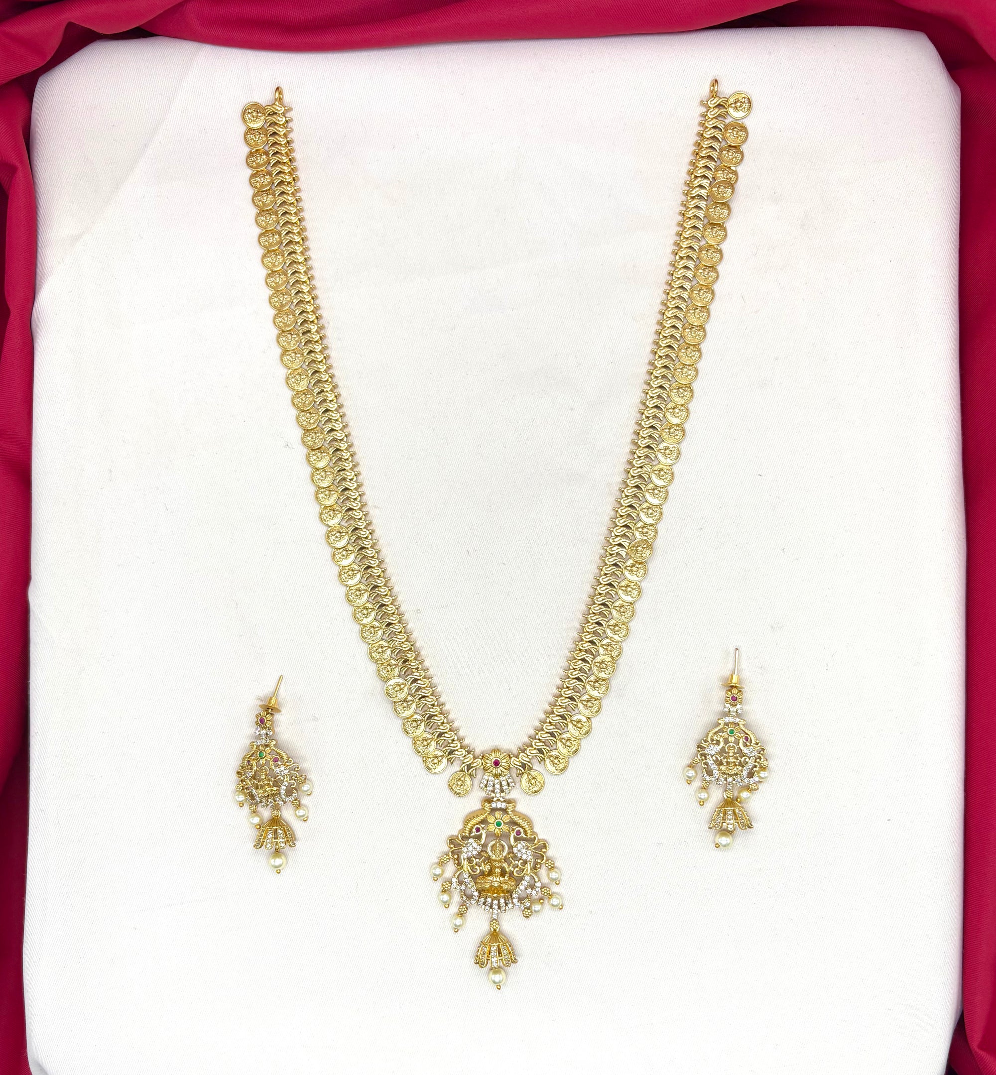 Matte finishing coin Lord Lakshmi with white pearls Long Haram