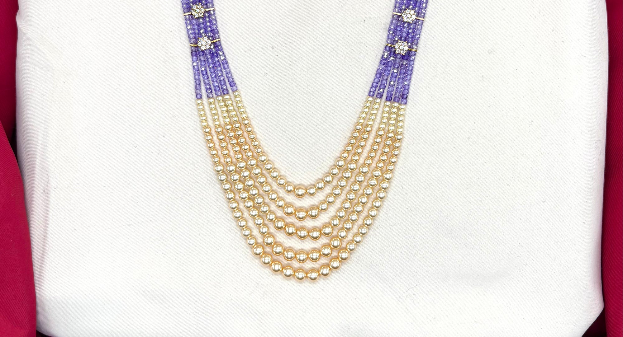 Premium Cubic Zirconia sapphire Blue beads and pearls AD with flowers design small locket Mala for Unisex