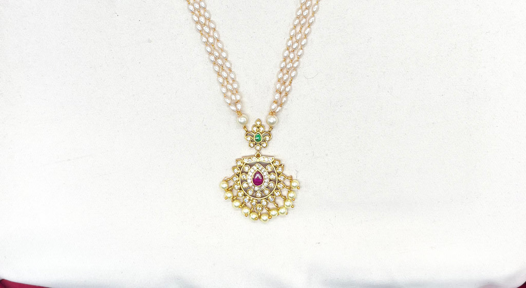 Triple-Layered Rice pearls with Ad stone Pendant Necklace