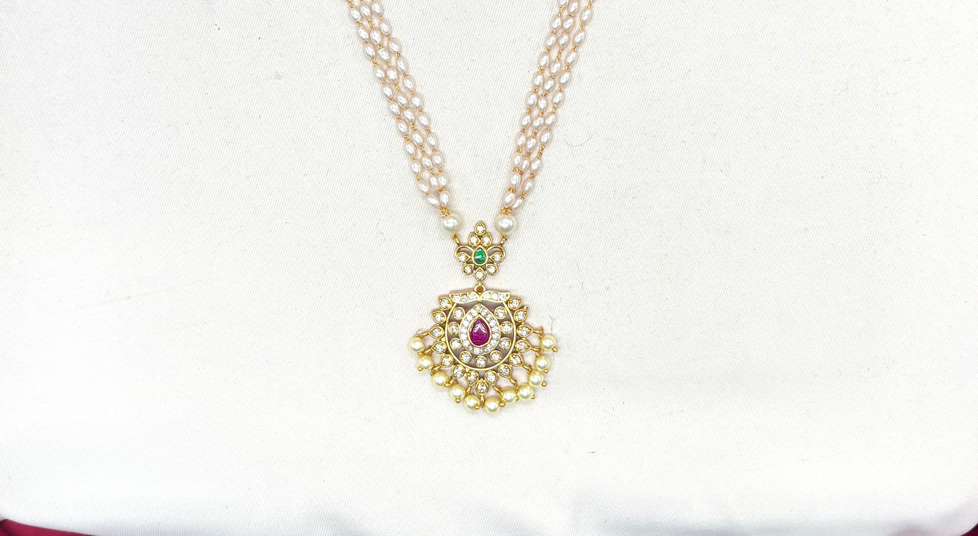 Triple-Layered Rice pearls with Ad stone Pendant Necklace