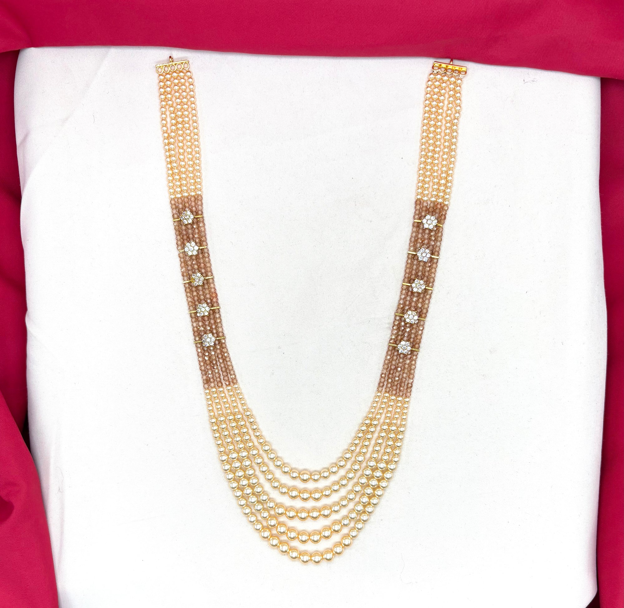 Premium Cubic Zirconia Brown beads and pearls AD with flowers design small locket Mala for Unisex