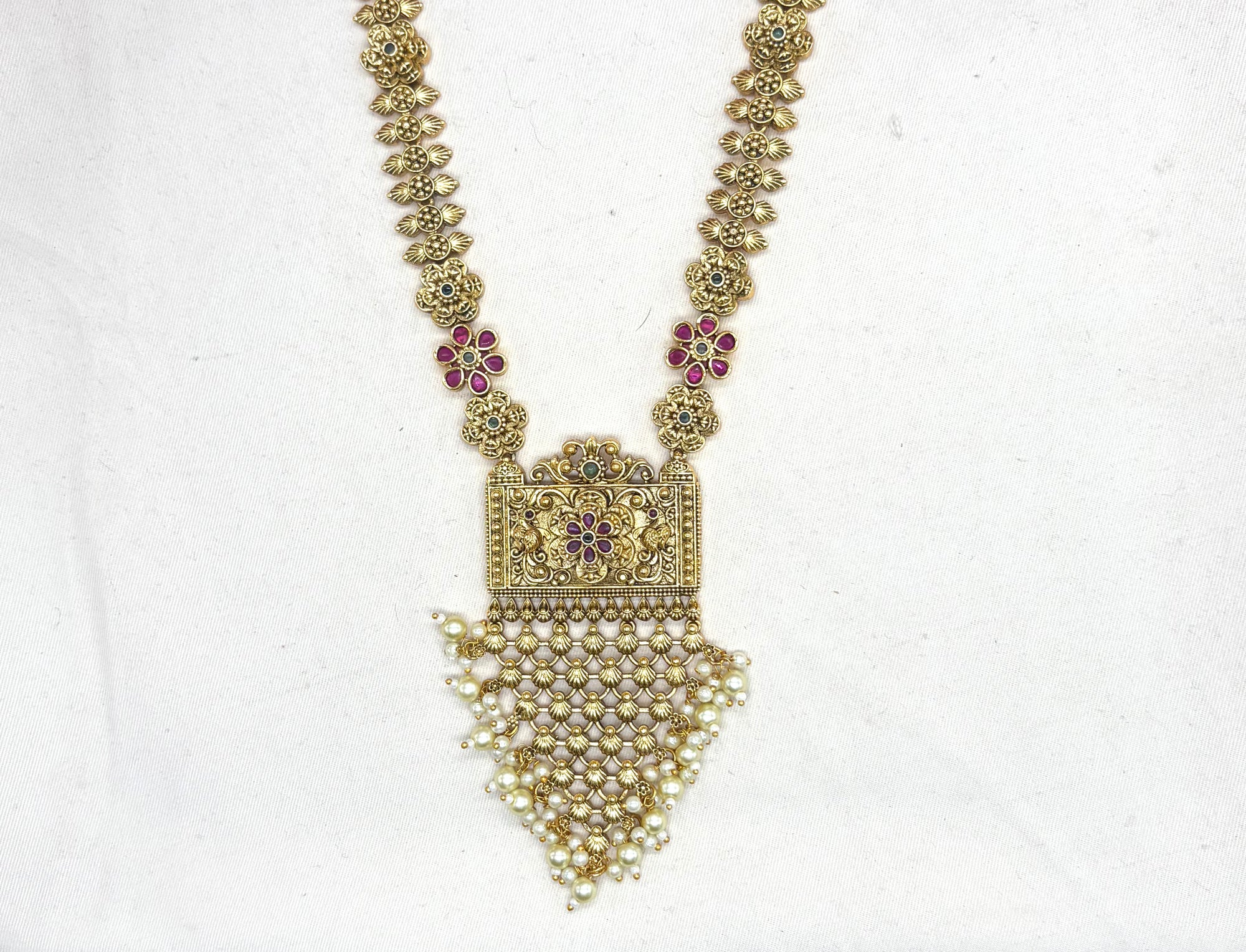 Premium Nakshi finishing floral design with with Beautifully finish white pearls Long Haram Necklace
