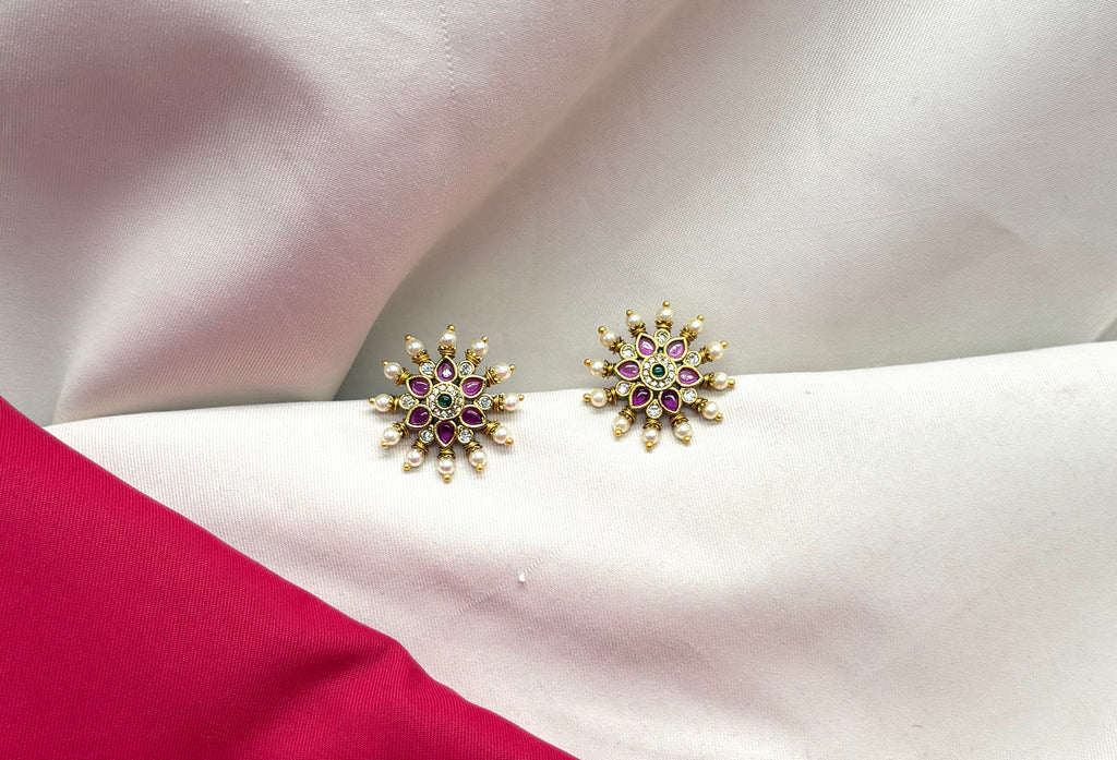 Matte finishing flower design with pink stones Handcrafted Stud