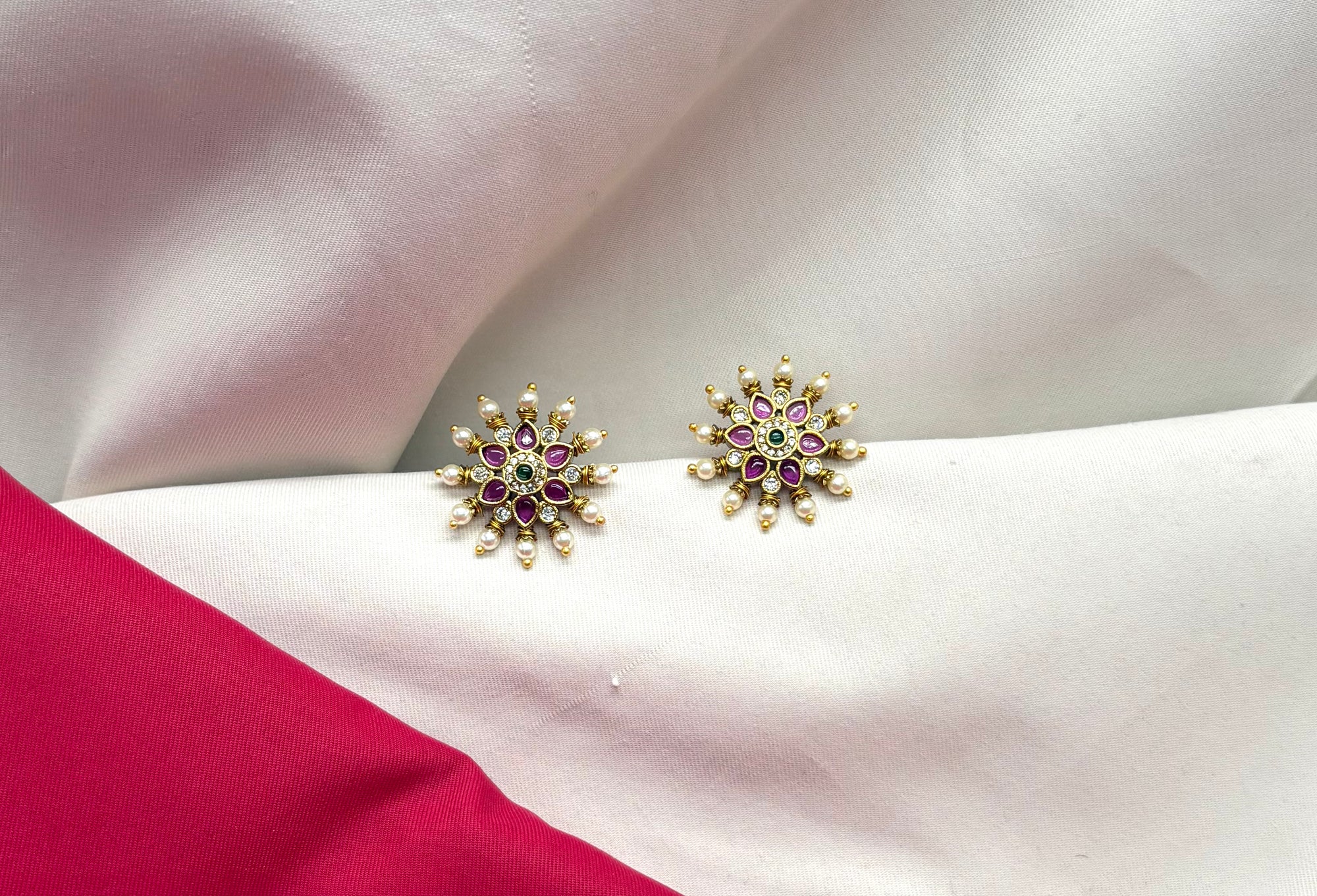 Matte finishing flower design with pink stones Handcrafted Stud