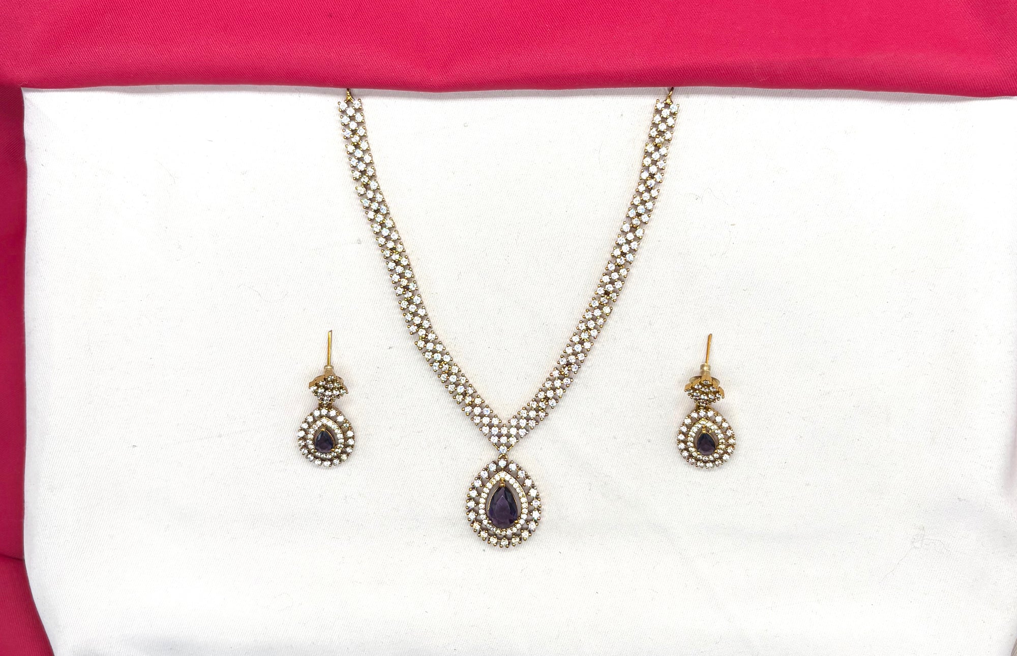 Victorian finishing American Diamonds with Central Purple Stone Short Necklace