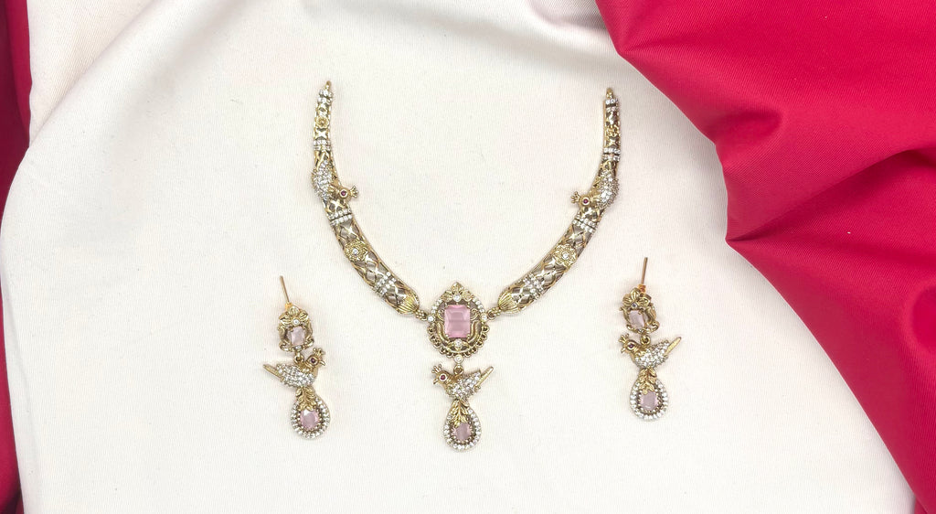 Peacock design with AD Baby-Pink Zircon & Moissanite Stones