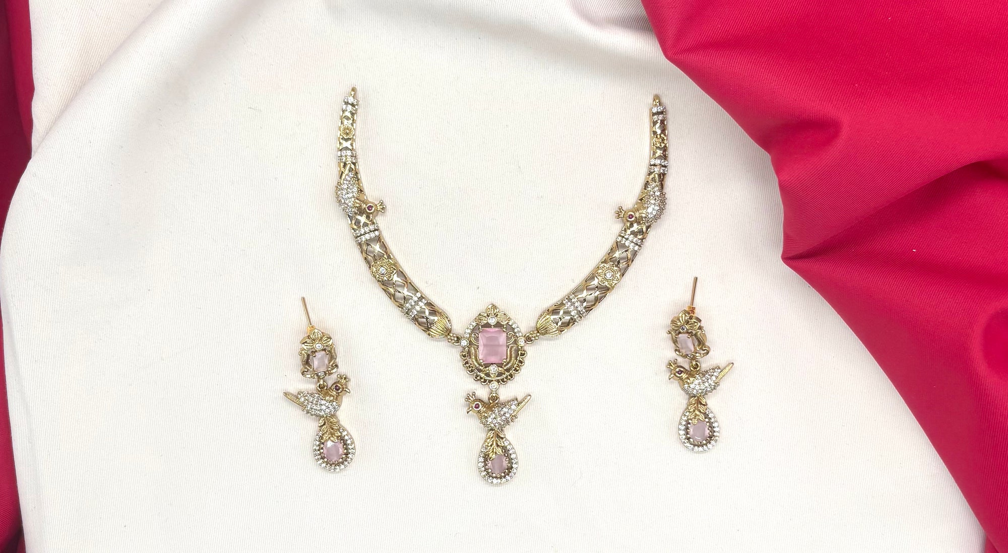Peacock design with AD Baby-Pink Zircon & Moissanite Stones