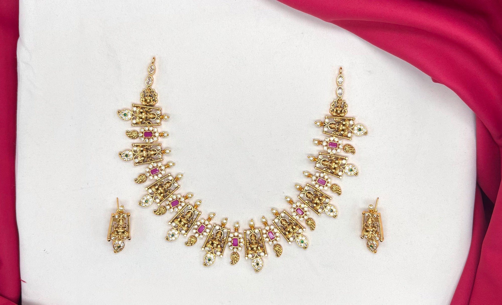 22K gold-plated handcrafted artificial temple featuring divine Lakshmi motifs, cubic zirconia stones,Short Necklace