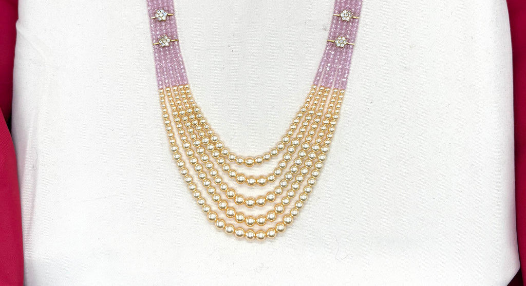 Premium Cubic Zirconia Baby-pink beads and pearls AD with flowers design small locket Mala for Unisex