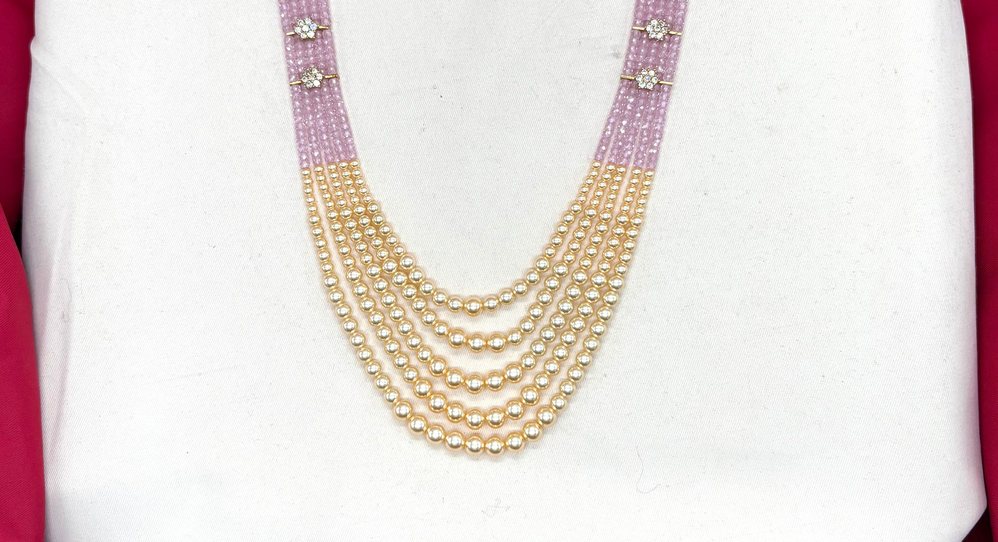 Premium Cubic Zirconia Baby-pink beads and pearls AD with flowers design small locket Mala for Unisex