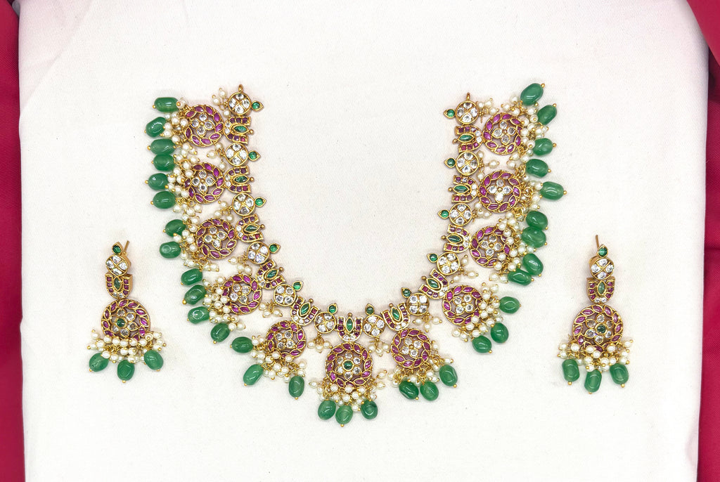 Jadau Kundan Green stones with  white pearls Short Necklace