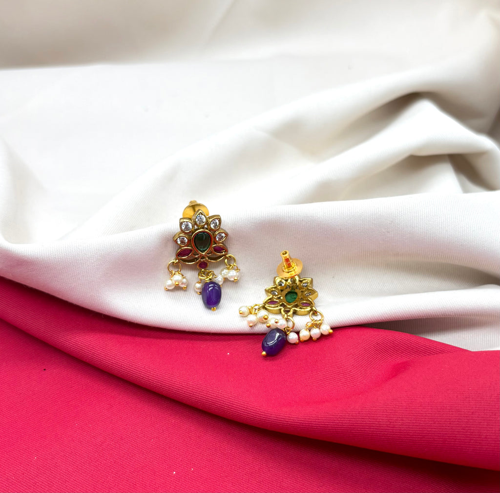 Kempu jadau Flower design dangling Purple stone drop Earring
