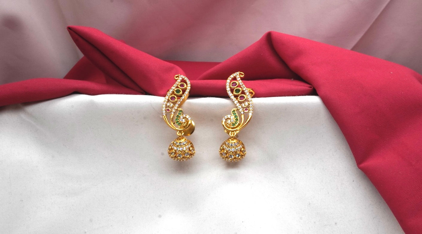 Matte finishing peacock-themed cubic zirconia stone Jhumka Earring