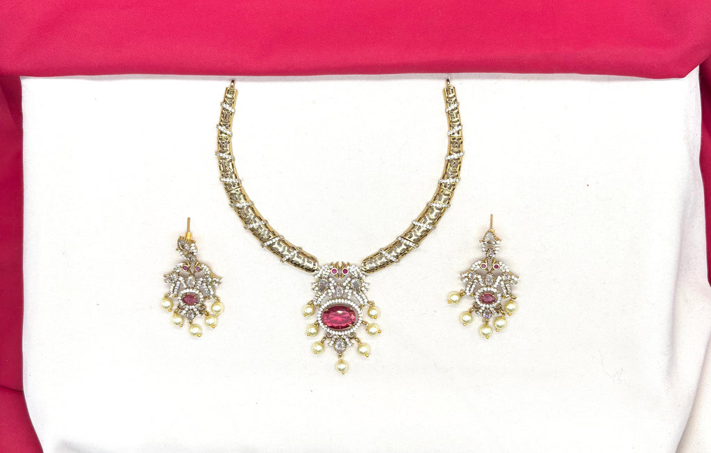 Victorian finishing peacock design with Red stone Kanti Short Necklace