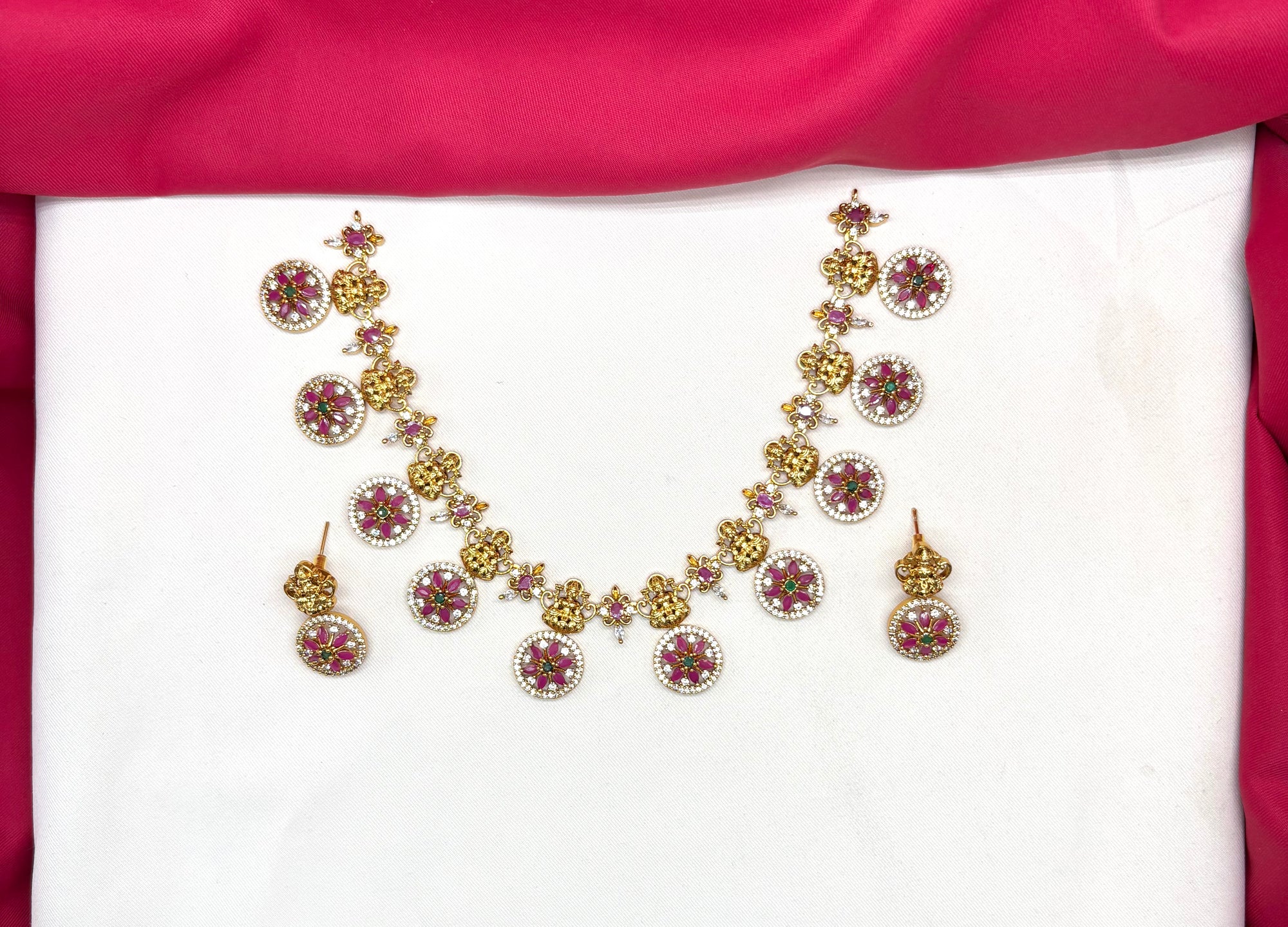 Matte finishing flower design with lord Lakshmi short Necklace