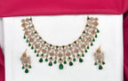 Premium matte finish American Diamonds flower design with Green Stones Short Necklace