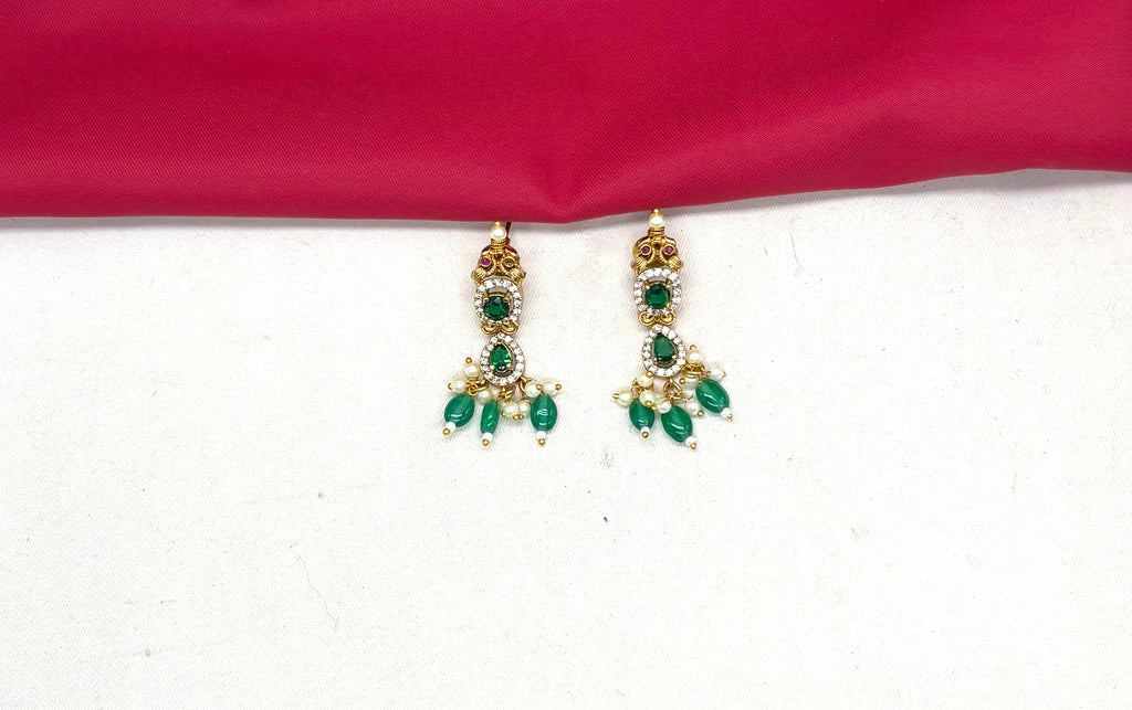 Polki Kundan Green Beads With Pearls drop Short Necklace