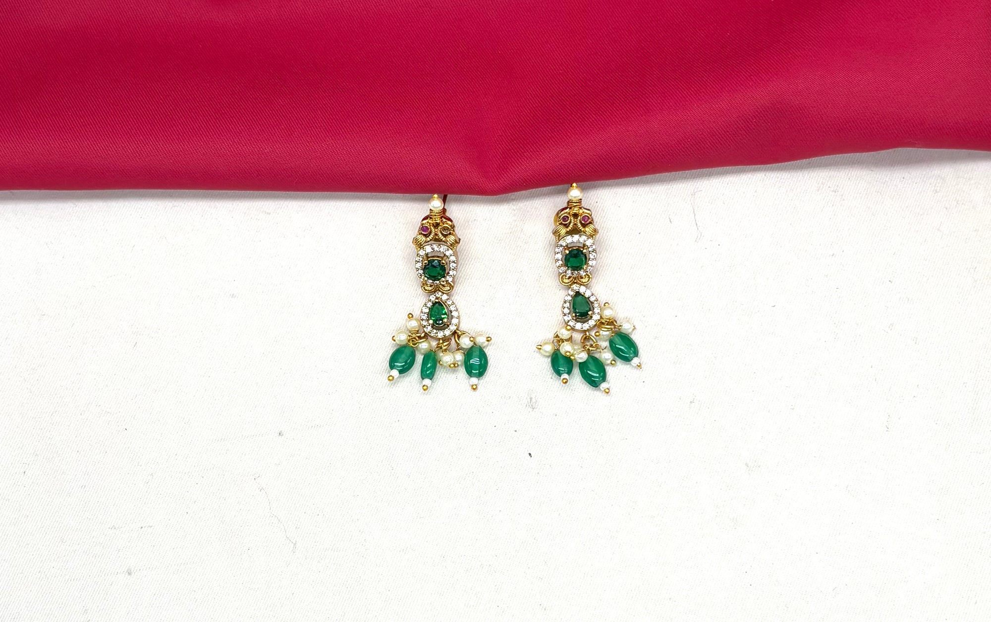 Polki Kundan Green Beads With Pearls drop Short Necklace