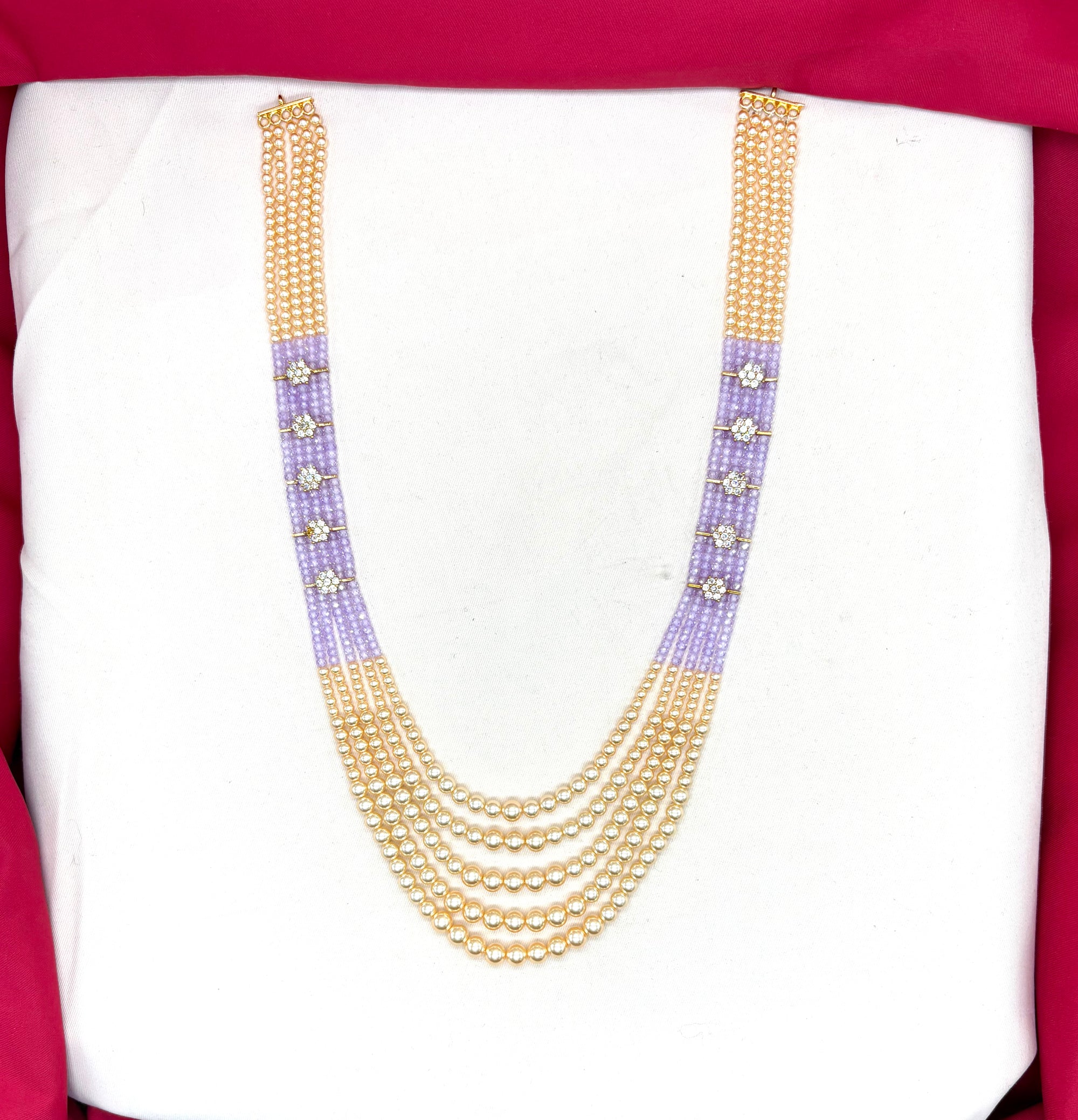 Premium Cubic Zirconia Purple beads and pearls AD with flowers design small locket Mala for Unisex