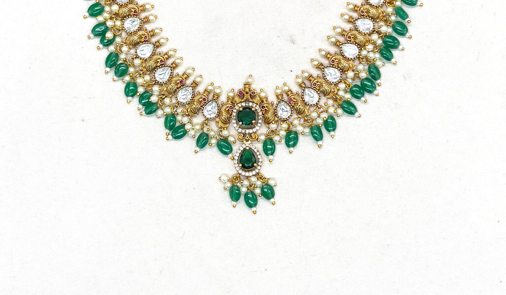 Polki Kundan Green Beads With Pearls drop Short Necklace