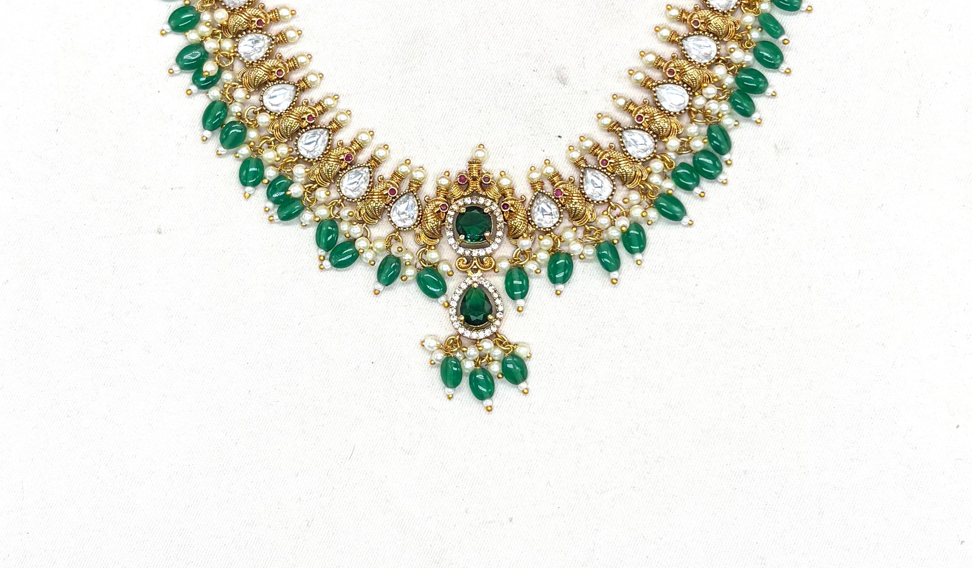 Polki Kundan Green Beads With Pearls drop Short Necklace