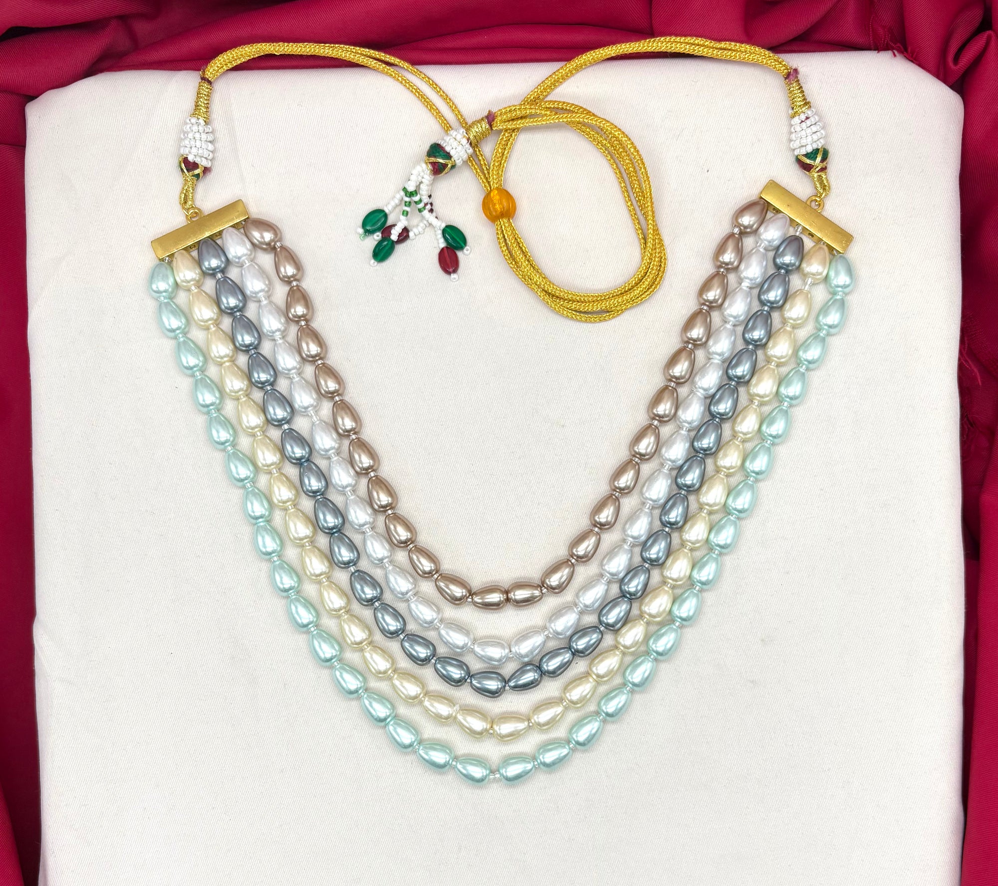5-layer multi-color drop pearl mala crafted using premium Indian glass pearls in beautiful multi-tone shades