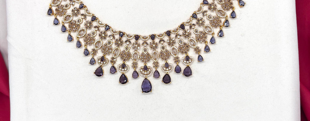 Premium matte finish American Diamonds flower design with Purple Stones Short Necklace