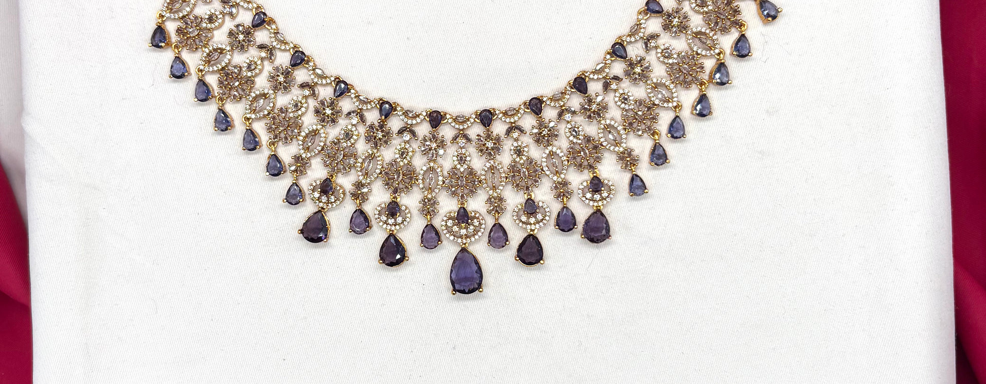 Premium matte finish American Diamonds flower design with Purple Stones Short Necklace