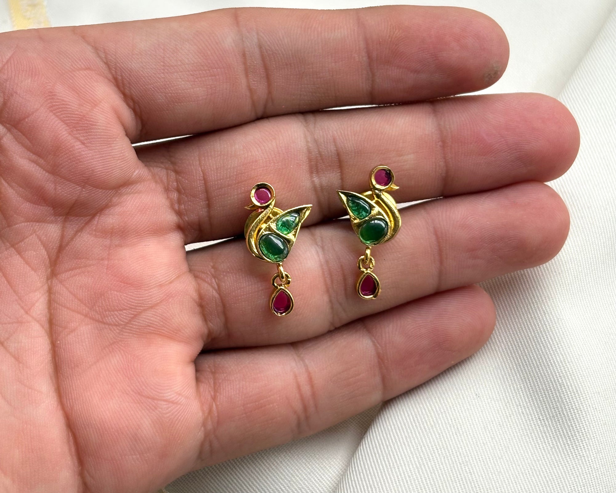 Matte finish peacock design pink stone drop studs earring