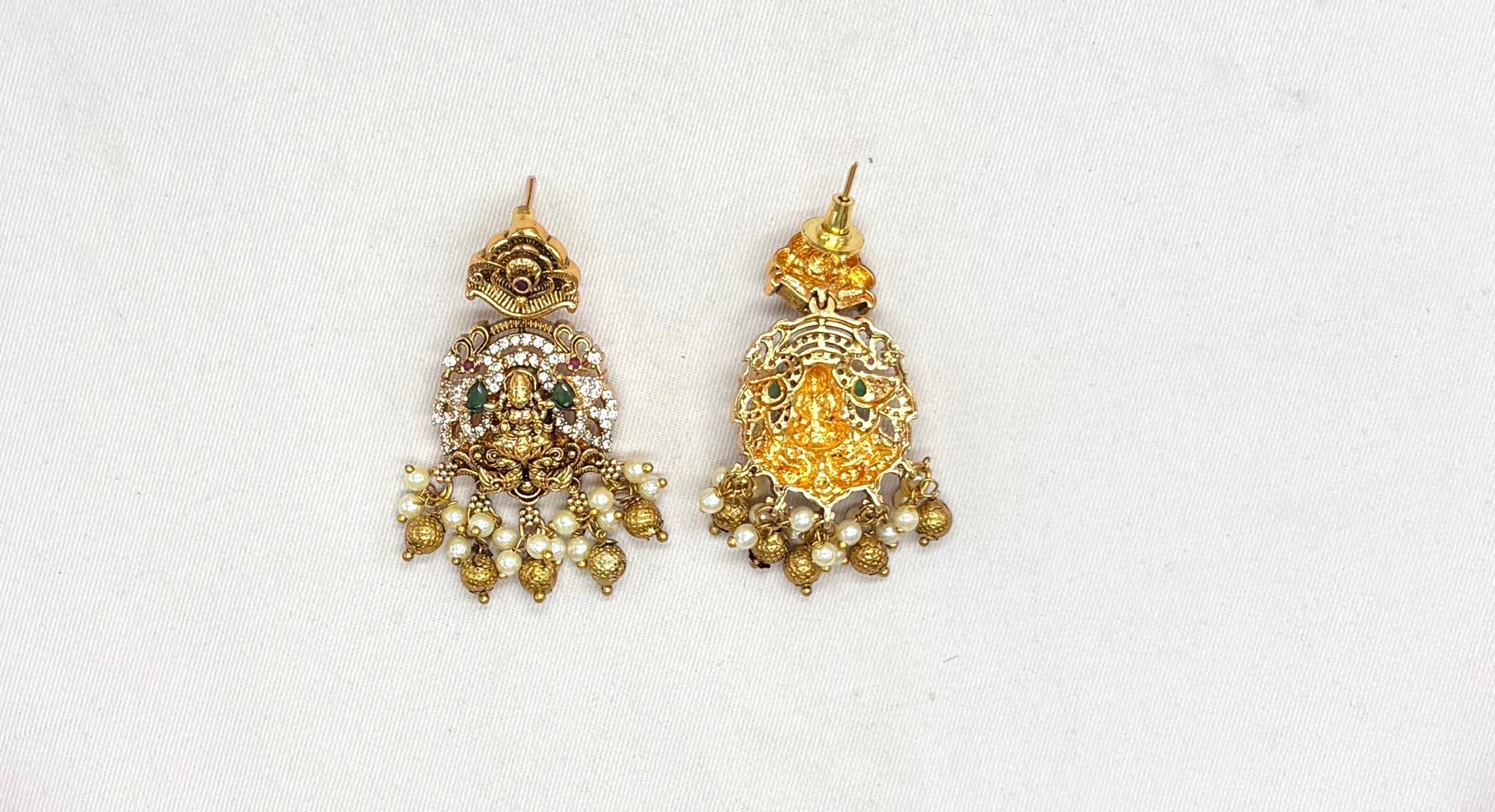 Matte finishing Goddess Lakshmi pendant, green stones, and pearl drops Short Necklace