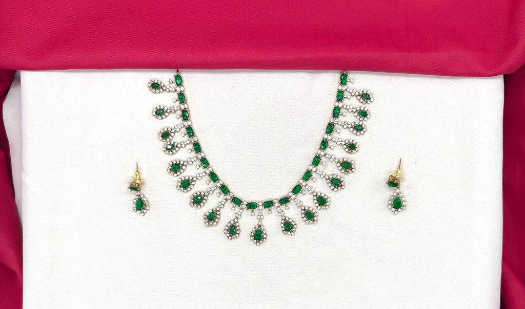 Victorian finishing American Diamond and Green stones Short Necklace