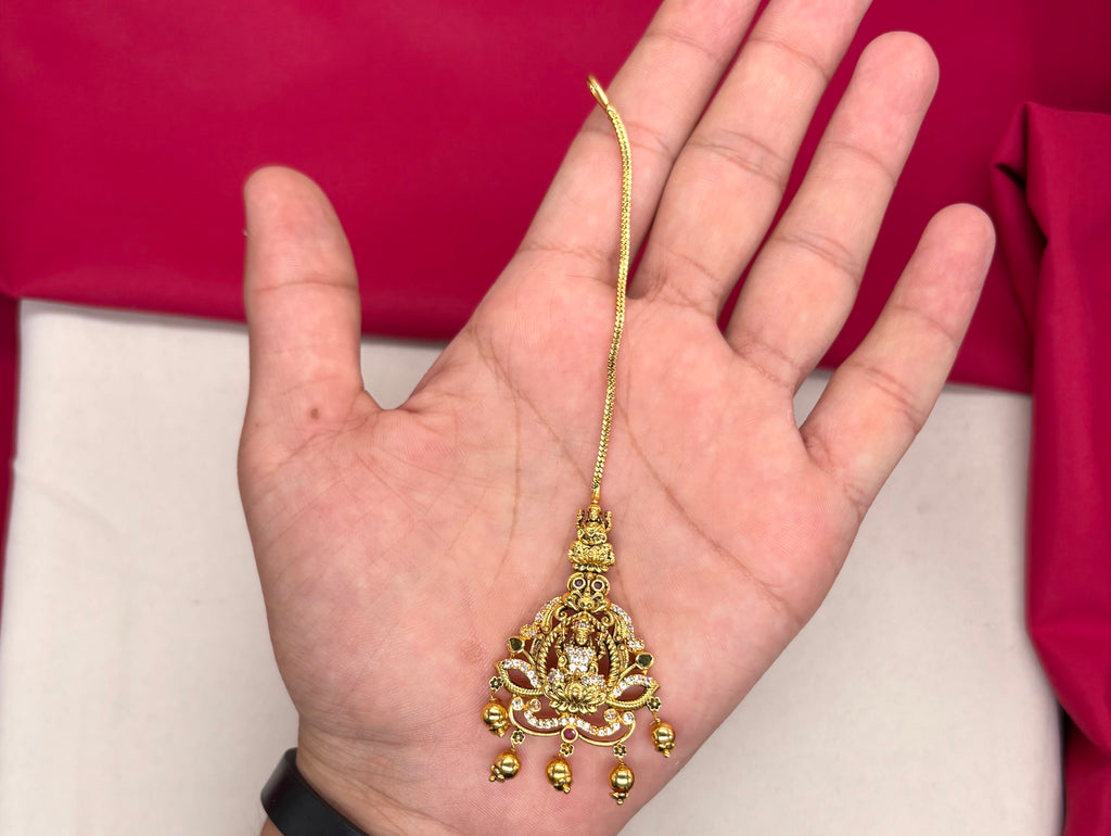 Matte finishing American Diamonds Lord Lakshmi Golden Balls Maang Tikka