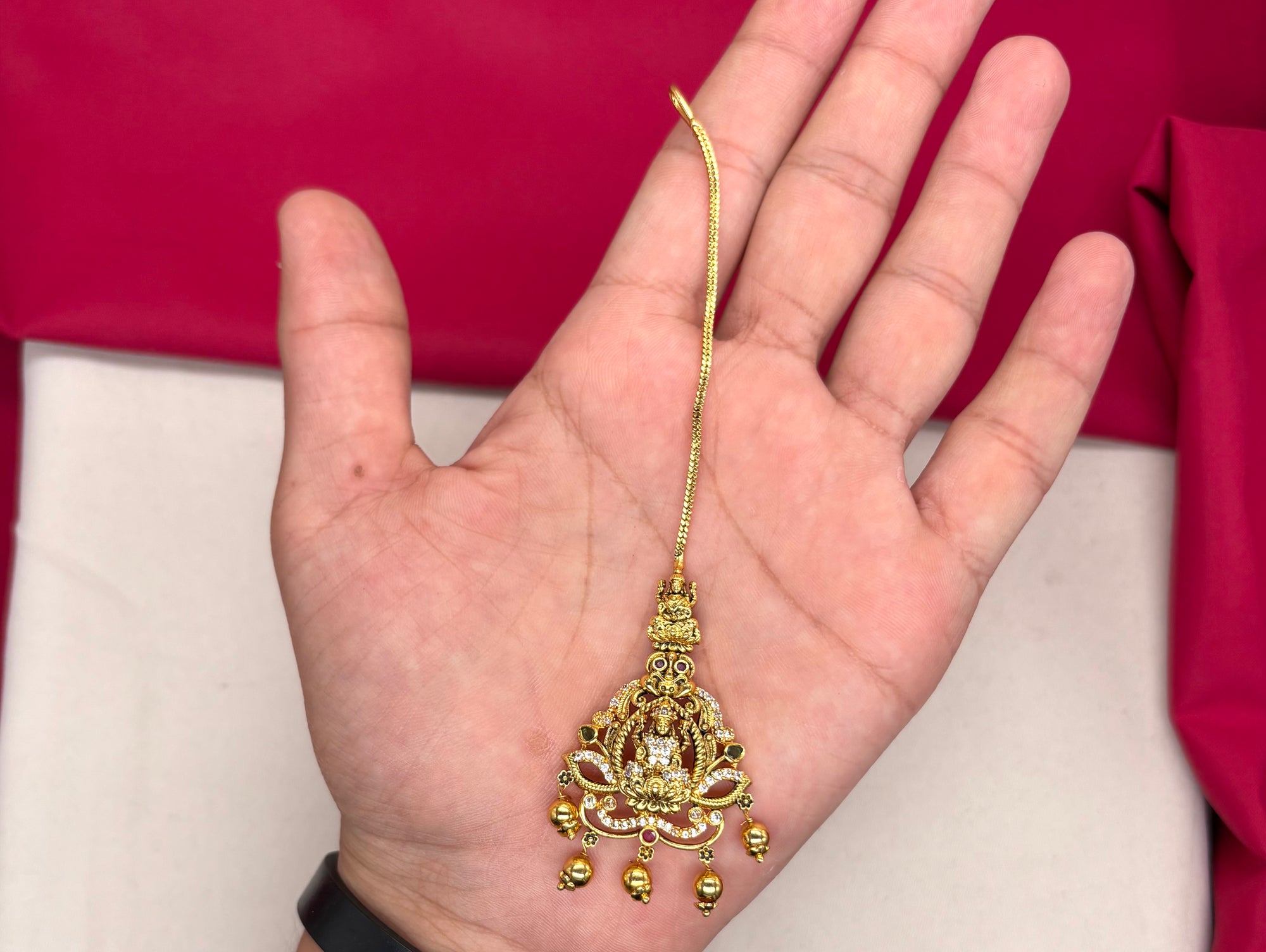 Matte finishing American Diamonds Lord Lakshmi Golden Balls Maang Tikka