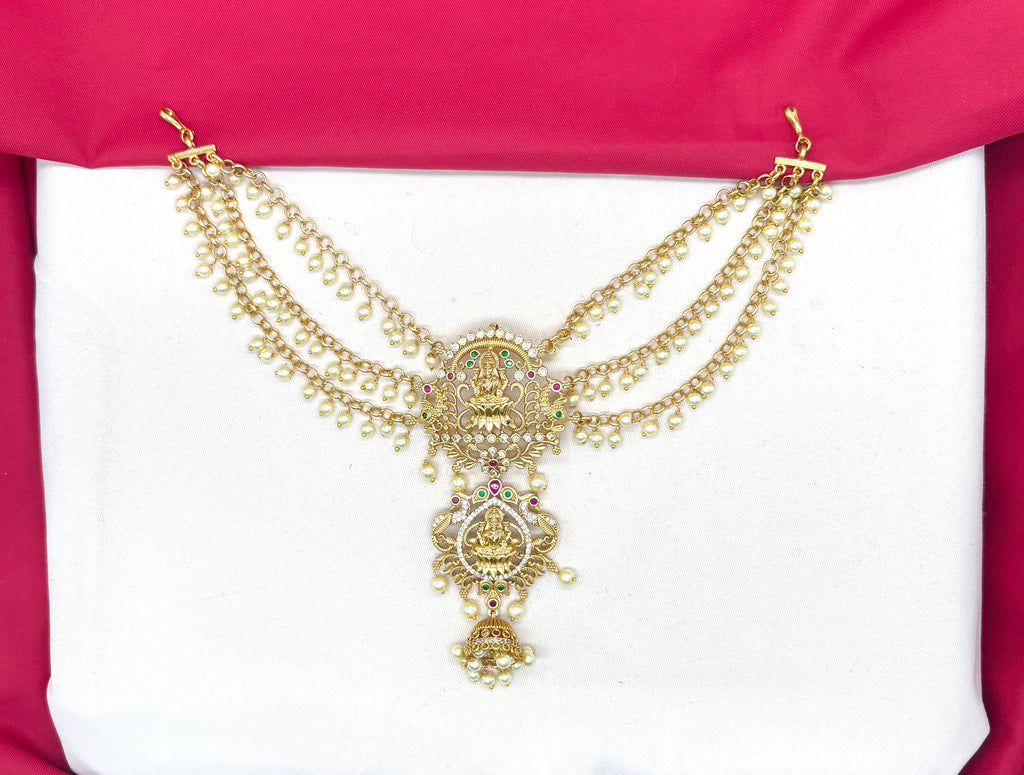 Matte finishing peacock design with multi-stones and white pearls Jadai Billai
