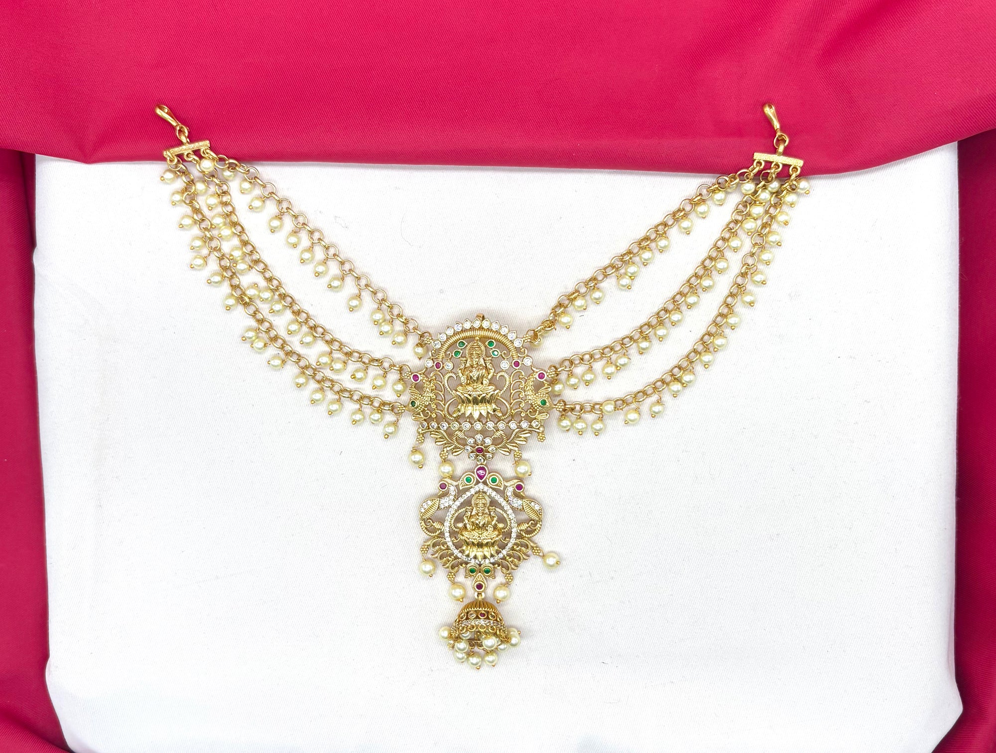 Matte finishing peacock design with multi-stones and white pearls Jadai Billai