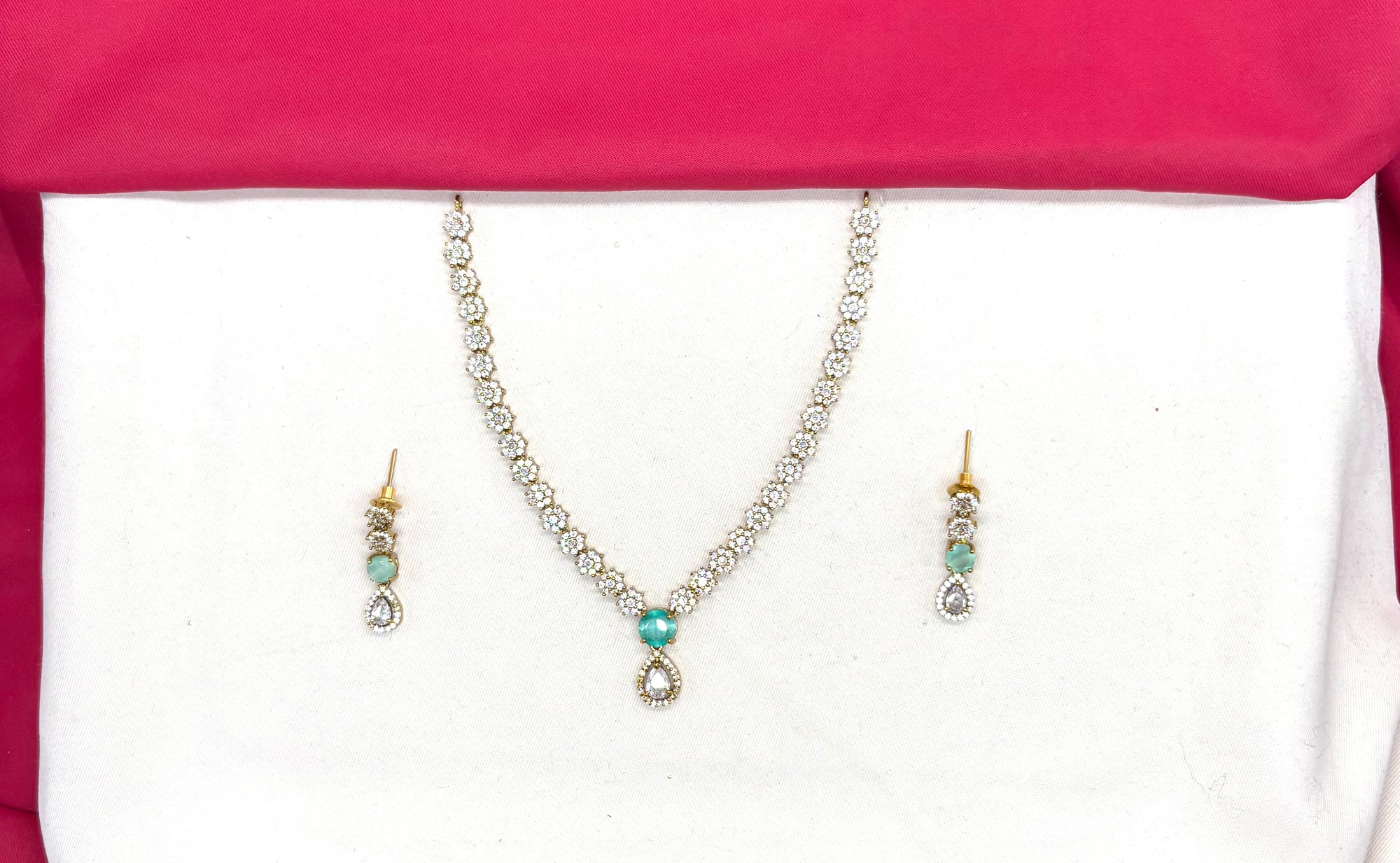 Victorian finishing floral design American Diamonds with Mint-Green Stone Short Necklace