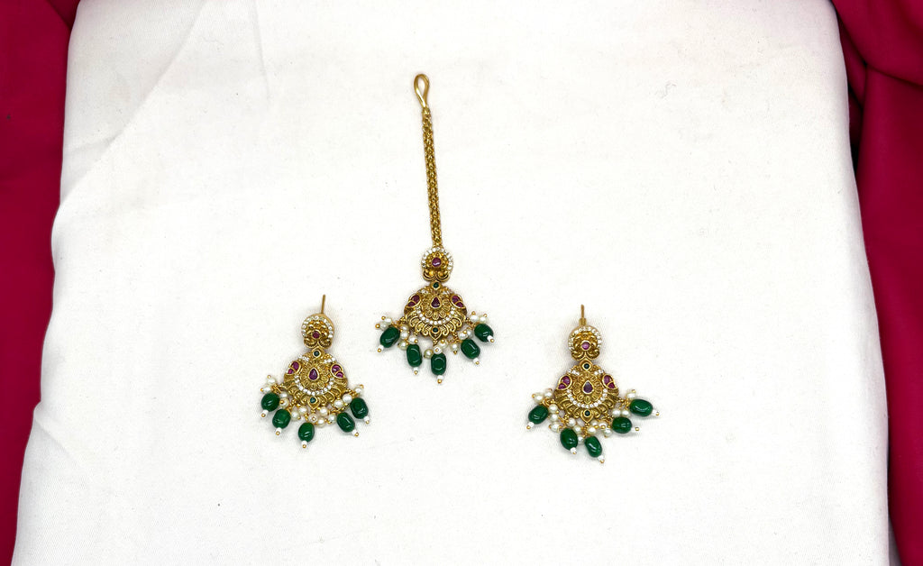 Matte finishing peacock design with Green Beads combo-set
