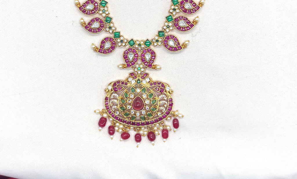 Premium Jadau kundan with floral finish and pink beads Long Necklace