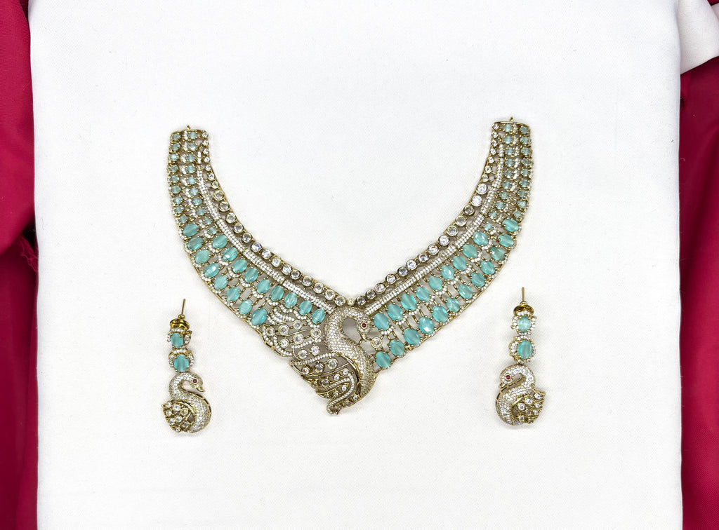 Premium Victorian finishing peacock design American diamonds With sea geeen stones Necklace