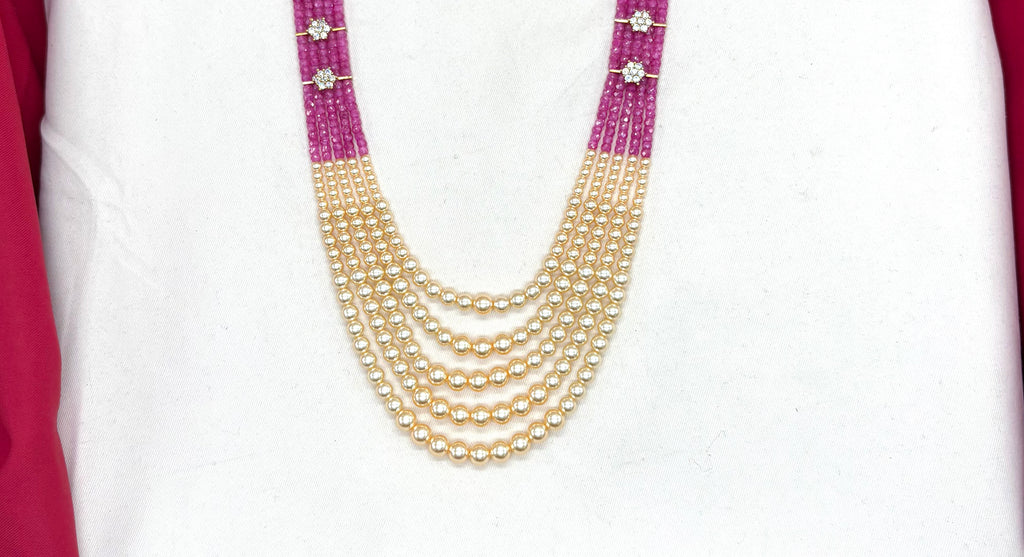 Premium Cubic Zirconia Pink beads and pearls AD with flowers design small locket Mala for Unisex