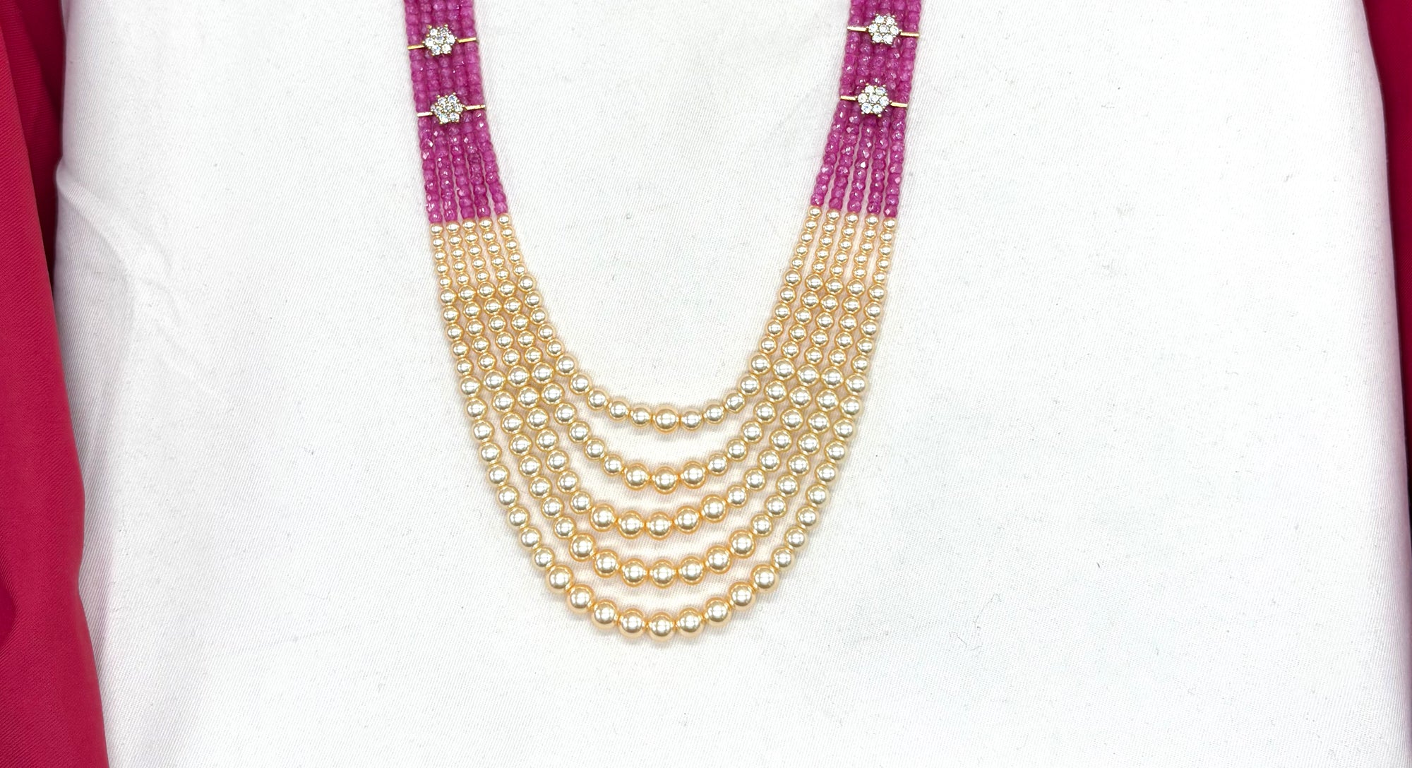 Premium Cubic Zirconia Pink beads and pearls AD with flowers design small locket Mala for Unisex
