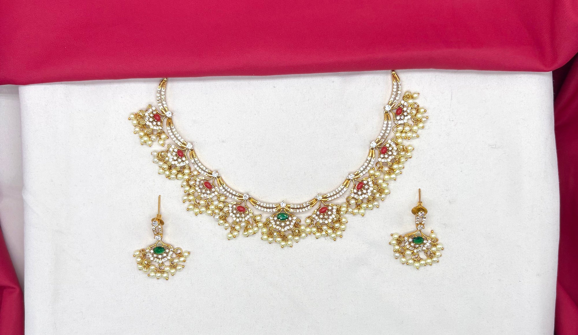Matte finishing American Diamonds with Coral Beads and Guttapusalu Short Necklace