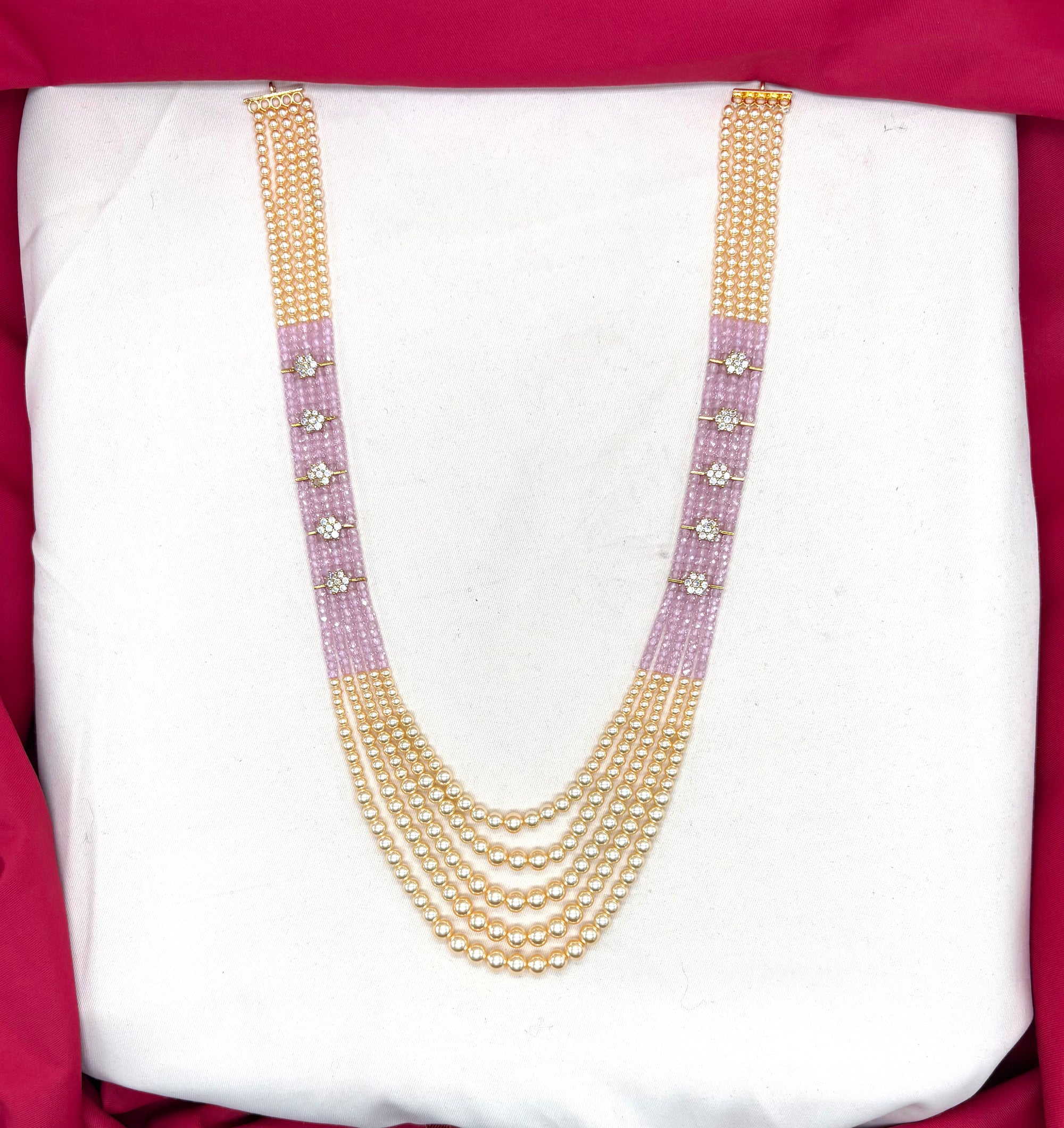 Premium Cubic Zirconia Baby-pink beads and pearls AD with flowers design small locket Mala for Unisex