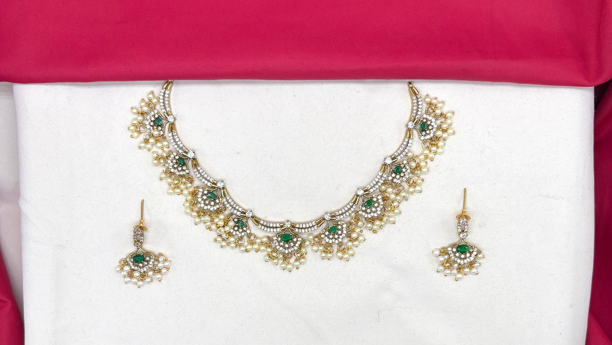 Matte finishing American Diamonds with Green stones and Guttapusalu Short Necklace