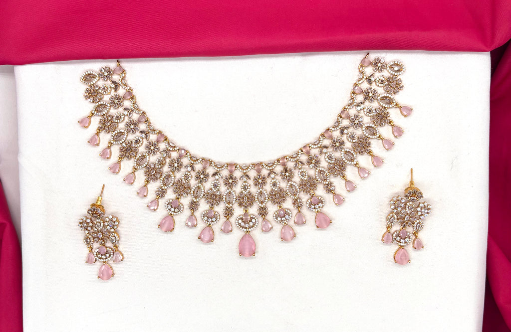 Premium matte finish American Diamonds flower design with Baby-Pink Stones Short Necklace
