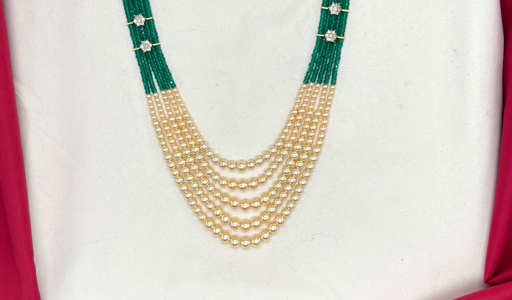 Premium Cubic Zirconia Green beads and pearls AD with flowers design small locket Mala for Unisex