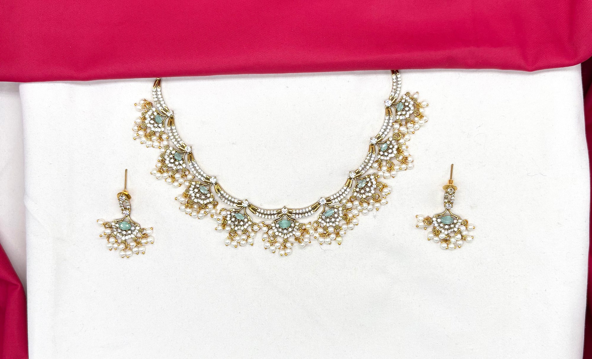 Matte finishing American Diamonds with Mint-Green stones and Guttapusalu Short Necklace