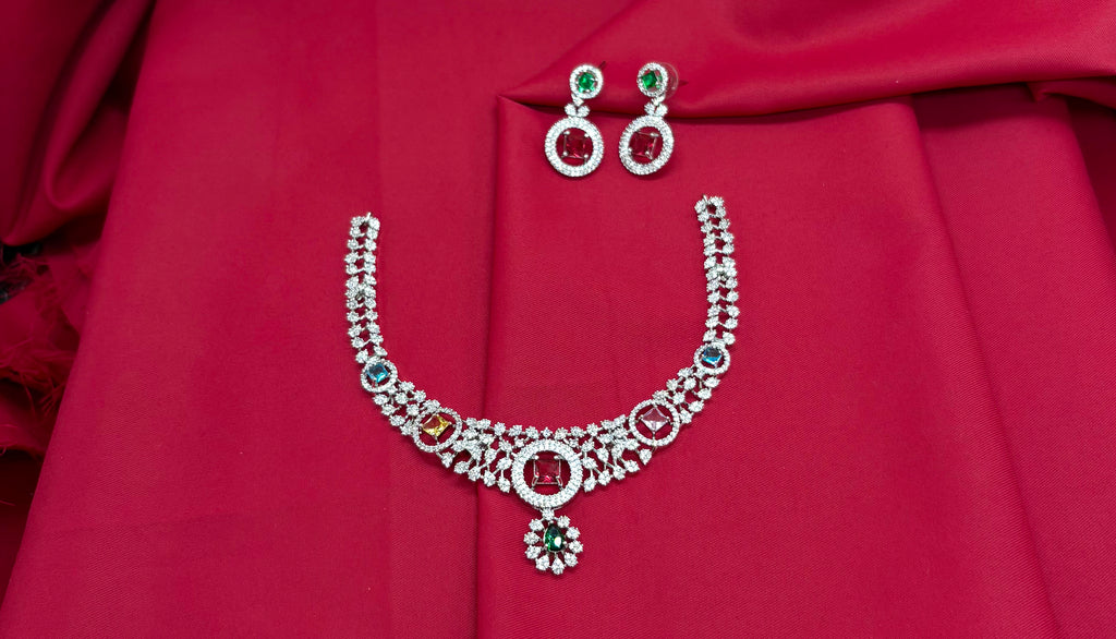 Silver Polish multi AD Studded Short Necklace