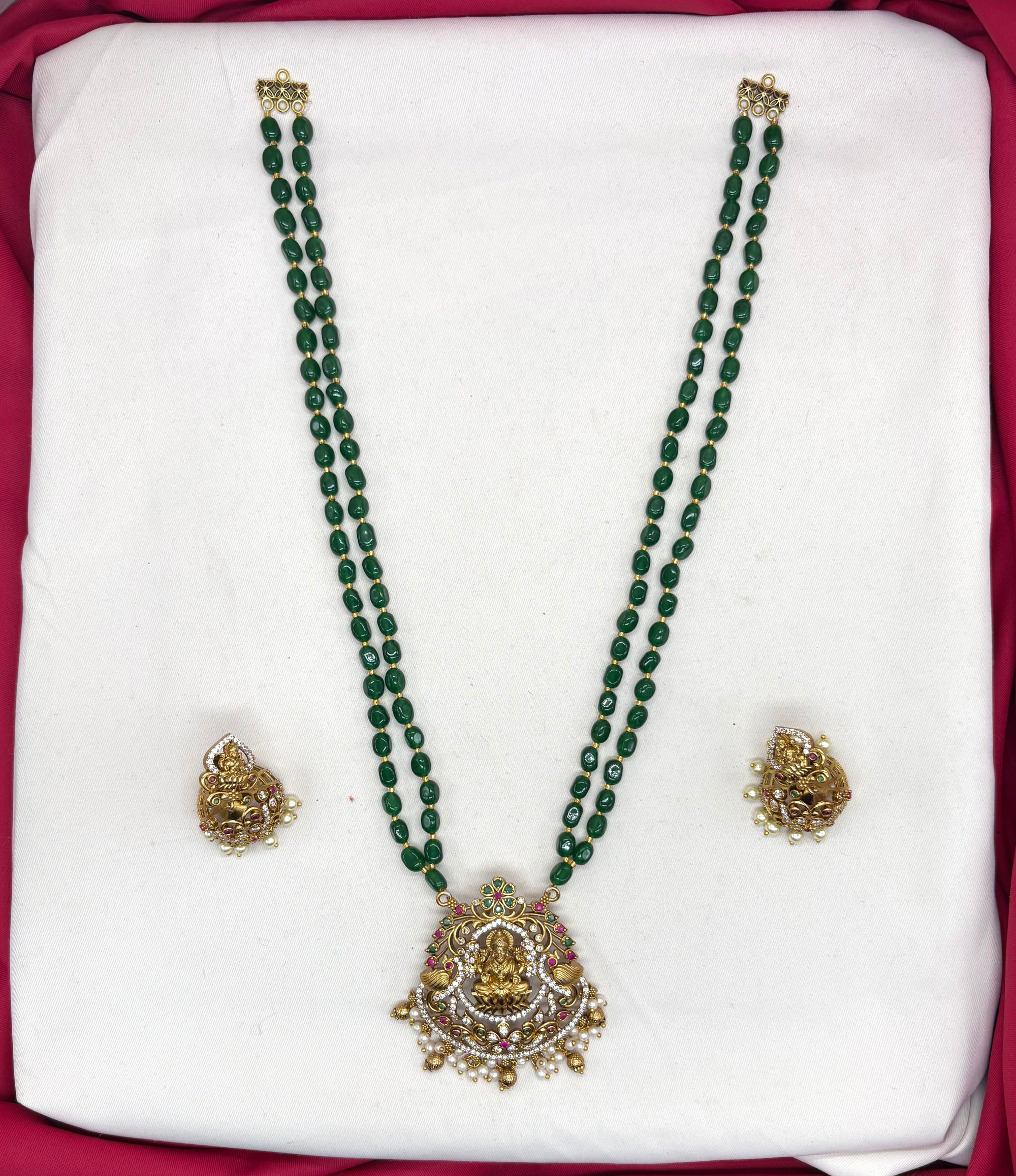 Premium Layered Lord Lakshmi pendent with Green stones Rani-Haram