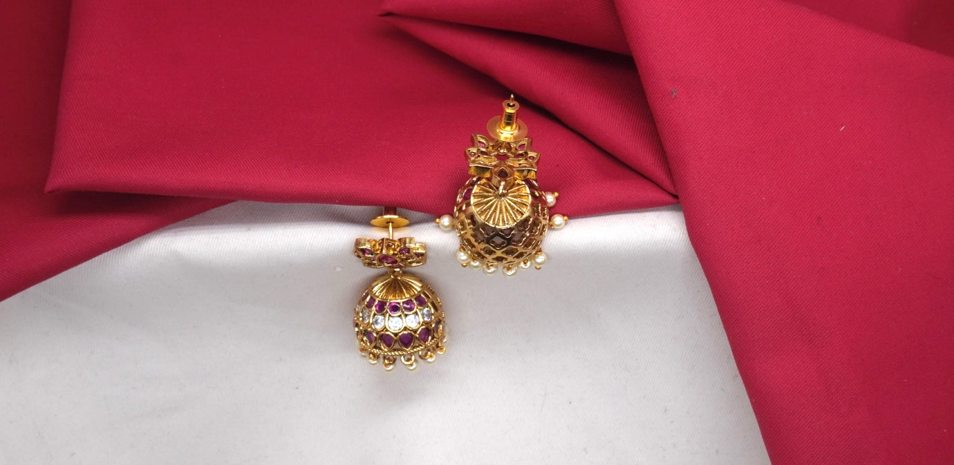 Matte finishing flower design pink & white stones with white pearls Jhumkas Earring